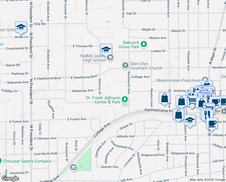 map of restaurants, bars, coffee shops, grocery stores, and more near 240 Anthony Street in Glen Ellyn