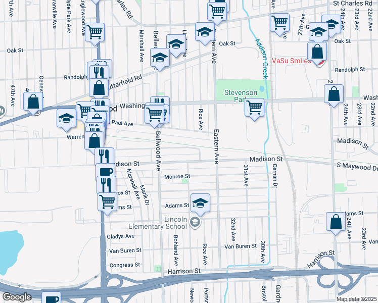 map of restaurants, bars, coffee shops, grocery stores, and more near 3500 Warren Avenue in Bellwood