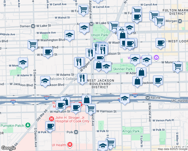 map of restaurants, bars, coffee shops, grocery stores, and more near 201 South Ashland Avenue in Chicago