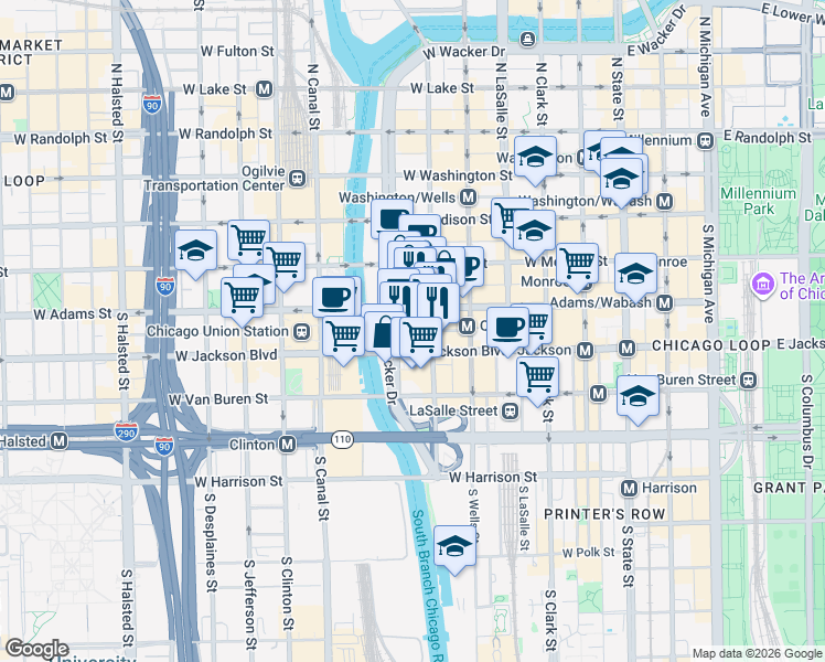 map of restaurants, bars, coffee shops, grocery stores, and more near 233 South Wacker Drive in Chicago