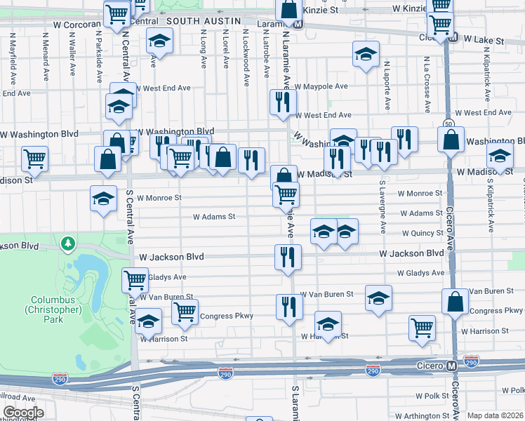map of restaurants, bars, coffee shops, grocery stores, and more near 5220 West Adams Street in Chicago