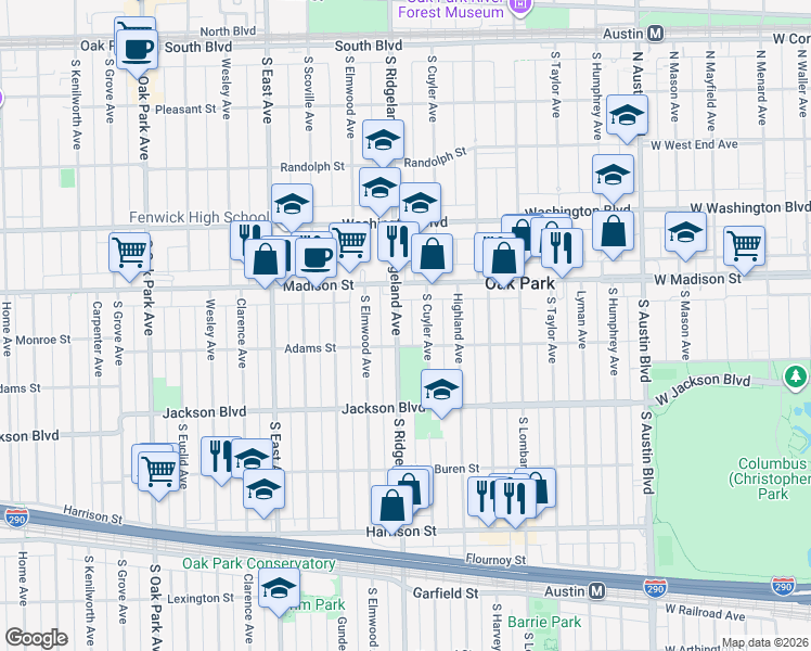 map of restaurants, bars, coffee shops, grocery stores, and more near 537 South Ridgeland Avenue in Oak Park