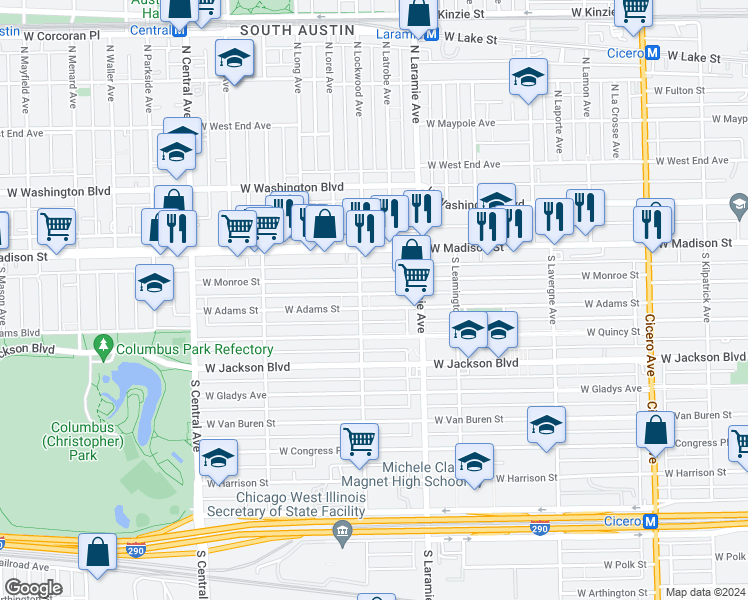 map of restaurants, bars, coffee shops, grocery stores, and more near 5250 West Adams Street in Chicago