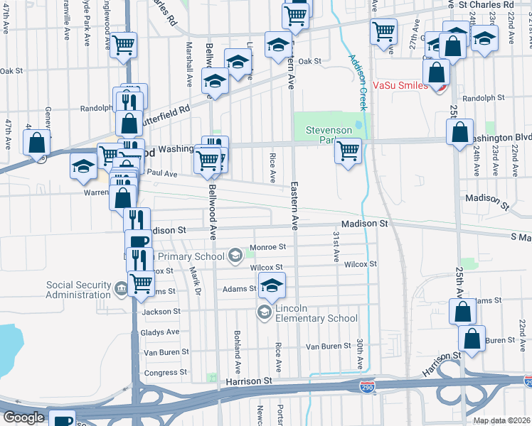 map of restaurants, bars, coffee shops, grocery stores, and more near 3408 Warren Avenue in Bellwood