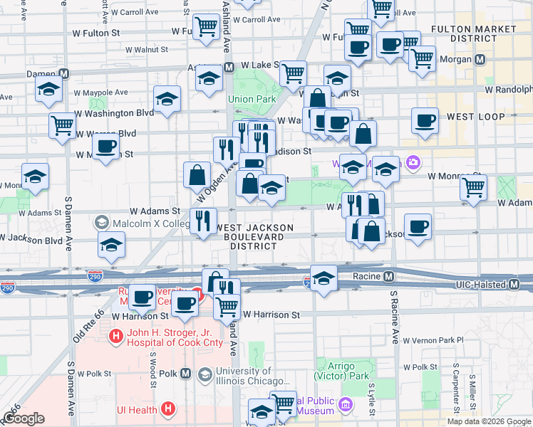 map of restaurants, bars, coffee shops, grocery stores, and more near 200 South Laflin Street in Chicago