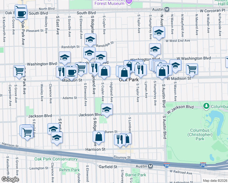 map of restaurants, bars, coffee shops, grocery stores, and more near 532 Highland Avenue in Oak Park