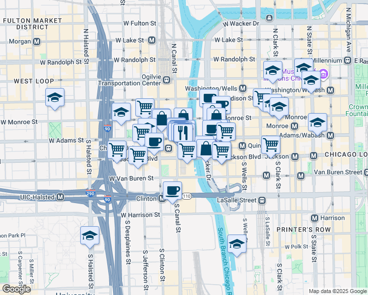 map of restaurants, bars, coffee shops, grocery stores, and more near 300 South Riverside Plaza in Chicago