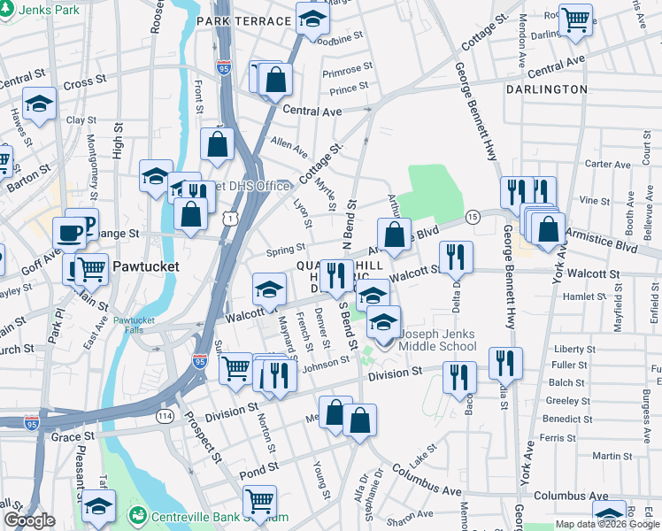 map of restaurants, bars, coffee shops, grocery stores, and more near 26 North Bend Street in Pawtucket