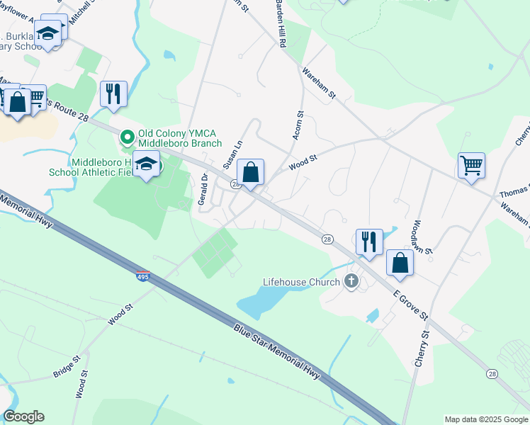 map of restaurants, bars, coffee shops, grocery stores, and more near 89 East Grove Street in Middleborough