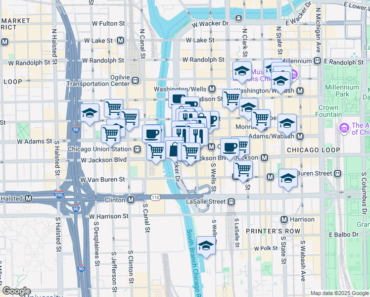 map of restaurants, bars, coffee shops, grocery stores, and more near 233 South Wacker Drive in Chicago