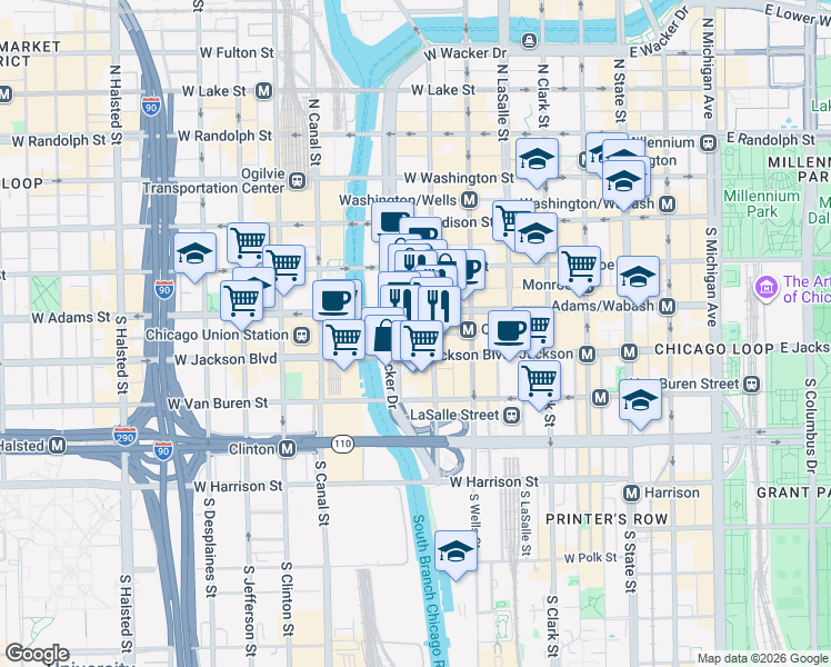 map of restaurants, bars, coffee shops, grocery stores, and more near 233 South Wacker Drive in Chicago
