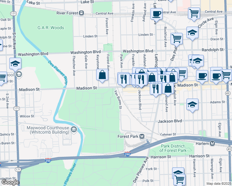 map of restaurants, bars, coffee shops, grocery stores, and more near 7810 Van Buren Street in Forest Park