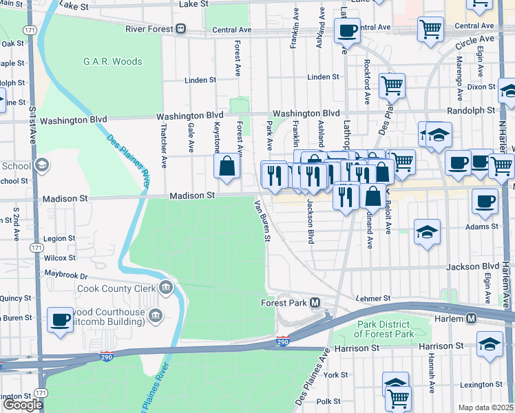 map of restaurants, bars, coffee shops, grocery stores, and more near 7810 Van Buren Street in Forest Park