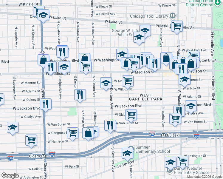 map of restaurants, bars, coffee shops, grocery stores, and more near S Kostner Ave & W Wilcox St in Chicago