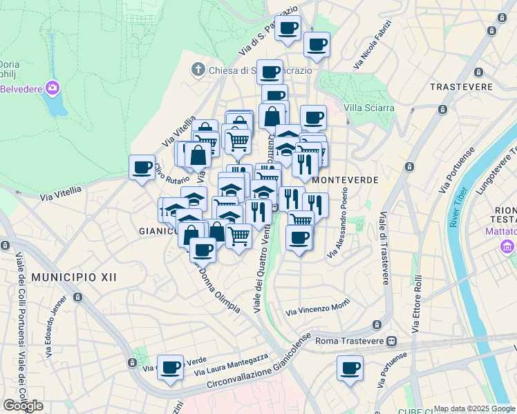 map of restaurants, bars, coffee shops, grocery stores, and more near 20 Via di San Calepodio in Rome