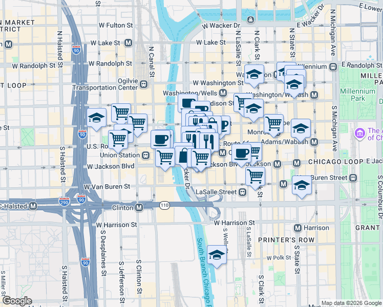 map of restaurants, bars, coffee shops, grocery stores, and more near 233 South Wacker Drive in Chicago