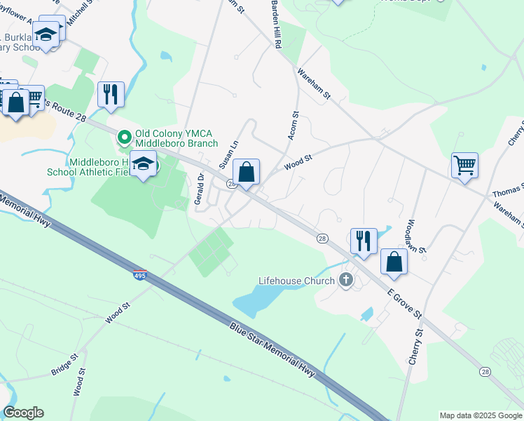 map of restaurants, bars, coffee shops, grocery stores, and more near 89 East Grove Street in Middleborough