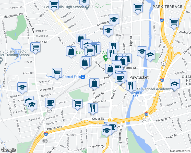map of restaurants, bars, coffee shops, grocery stores, and more near 125 Goff Avenue in Pawtucket