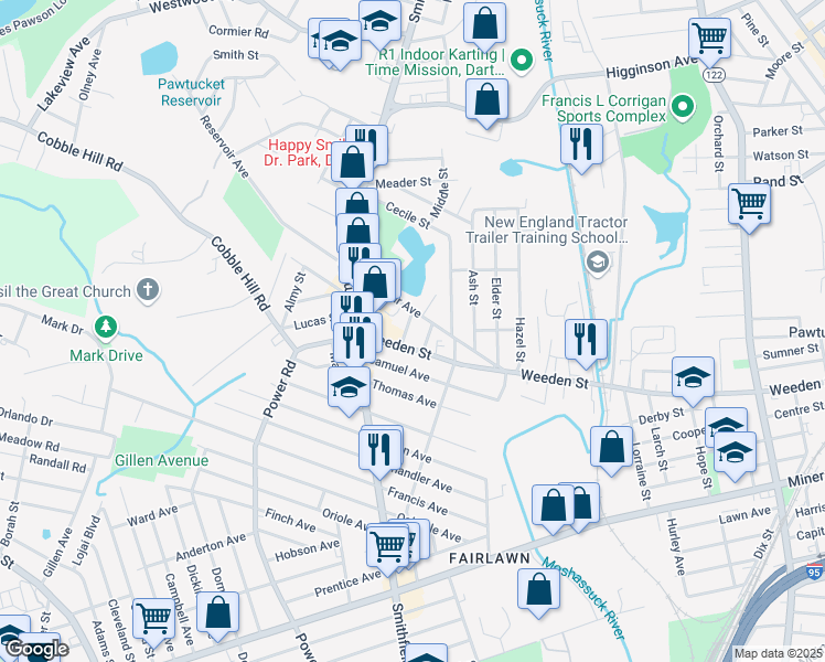 map of restaurants, bars, coffee shops, grocery stores, and more near 725 Weeden Street in Pawtucket