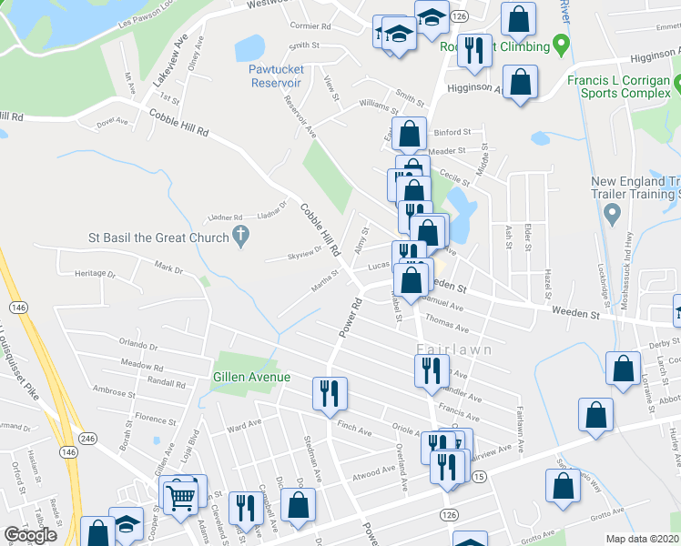 map of restaurants, bars, coffee shops, grocery stores, and more near 25 McCallum Avenue in Pawtucket