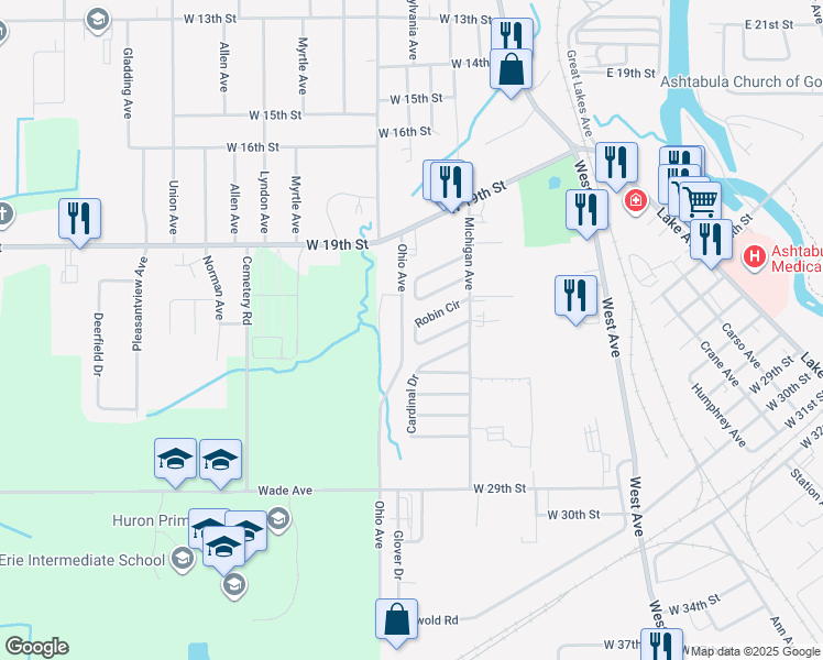 map of restaurants, bars, coffee shops, grocery stores, and more near 1736 Robin Circle in Ashtabula