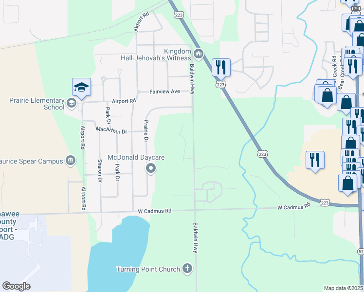 map of restaurants, bars, coffee shops, grocery stores, and more near 2830 Eunice Circle in Adrian