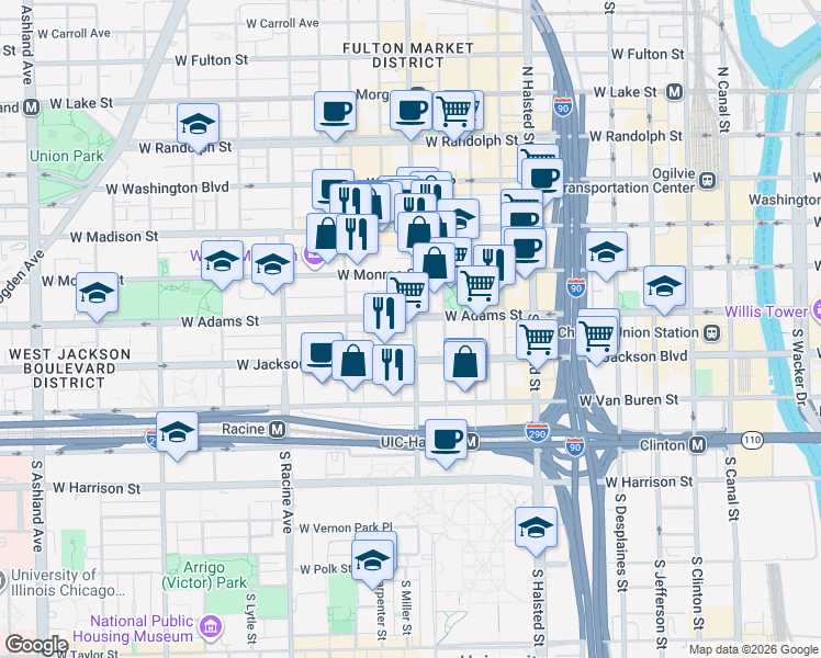 map of restaurants, bars, coffee shops, grocery stores, and more near 1028 West Jackson Boulevard in Chicago