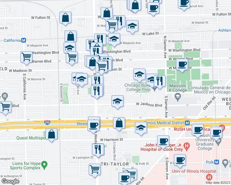 map of restaurants, bars, coffee shops, grocery stores, and more near 2301 West Adams Street in Chicago