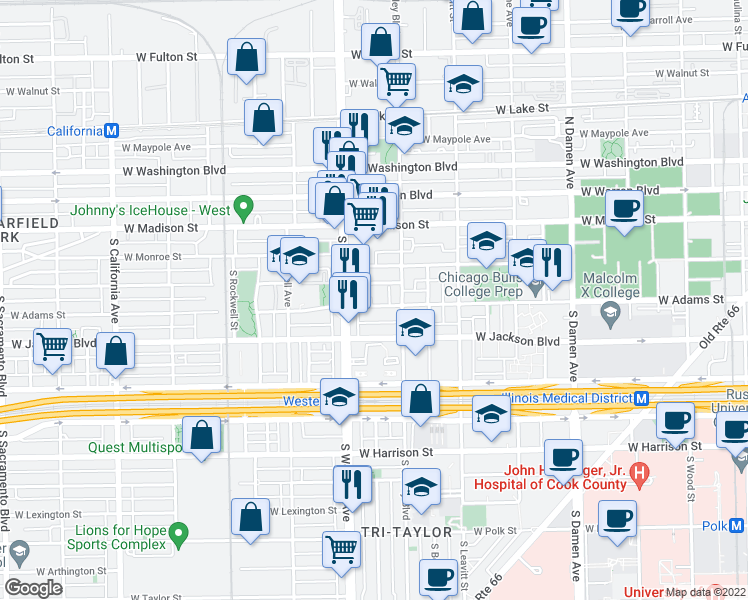 map of restaurants, bars, coffee shops, grocery stores, and more near 2339 West Adams Street in Chicago