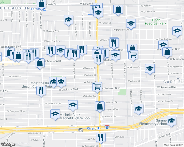 map of restaurants, bars, coffee shops, grocery stores, and more near 4843 West Adams Street in Chicago