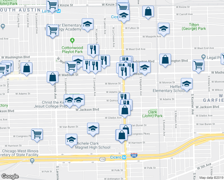 map of restaurants, bars, coffee shops, grocery stores, and more near 4843 West Adams Street in Chicago