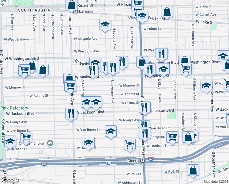 map of restaurants, bars, coffee shops, grocery stores, and more near 4927 West Adams Street in Chicago