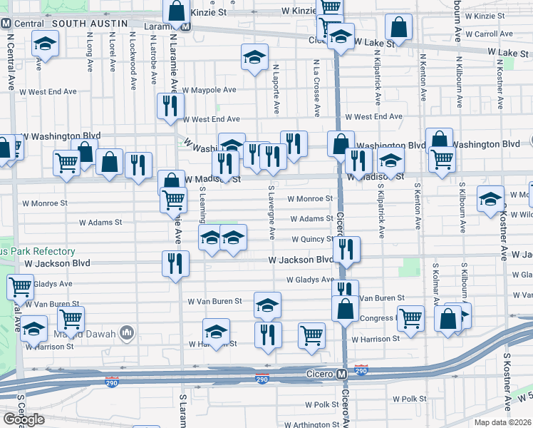 map of restaurants, bars, coffee shops, grocery stores, and more near 5015 West Adams Street in Chicago