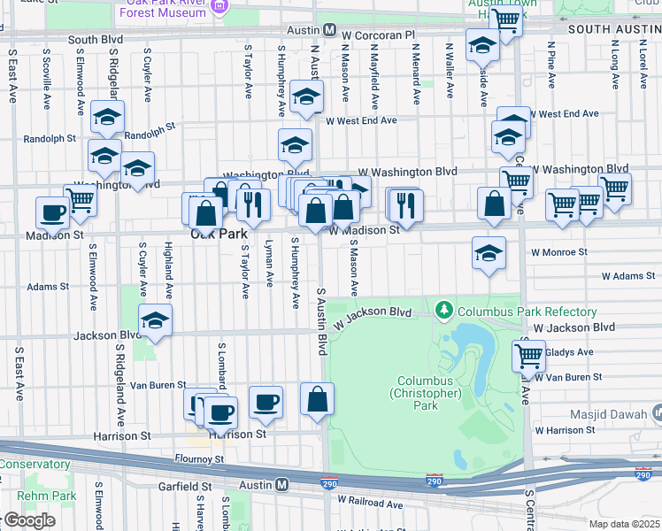 map of restaurants, bars, coffee shops, grocery stores, and more near 117 South Austin Boulevard in Chicago