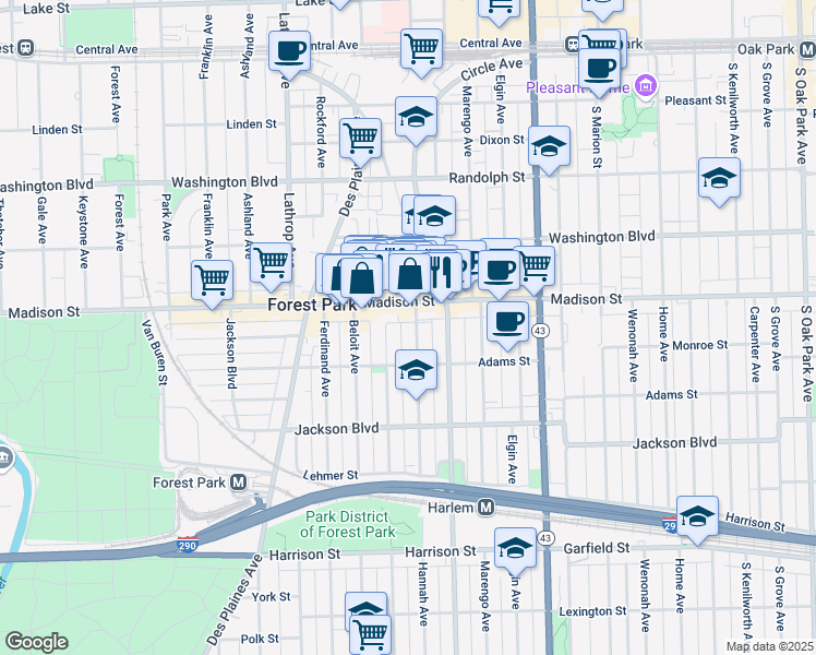map of restaurants, bars, coffee shops, grocery stores, and more near 425 Hannah Avenue in Forest Park