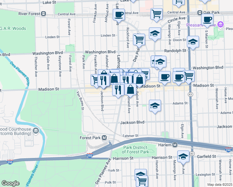 map of restaurants, bars, coffee shops, grocery stores, and more near 427 Des Plaines Avenue in Forest Park