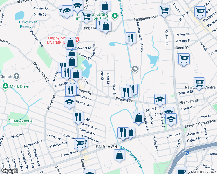 map of restaurants, bars, coffee shops, grocery stores, and more near 36 Elder Street in Pawtucket