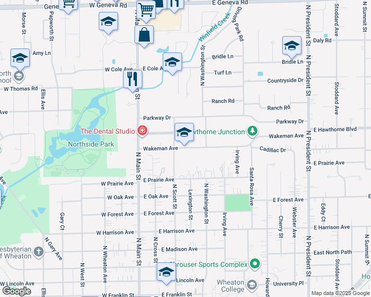 map of restaurants, bars, coffee shops, grocery stores, and more near 334 Wakeman Avenue in Wheaton