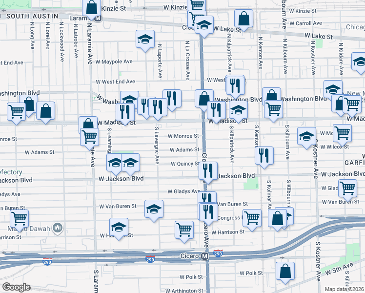map of restaurants, bars, coffee shops, grocery stores, and more near 4842 West Adams Street in Chicago