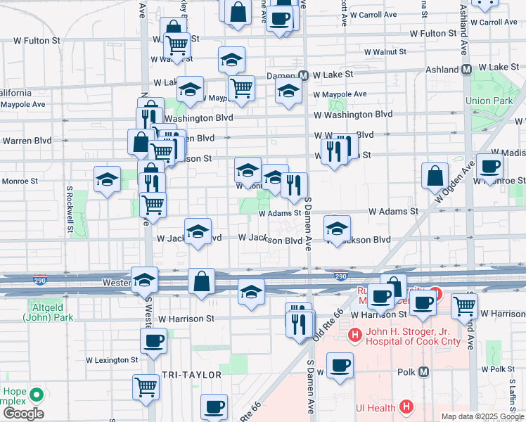 map of restaurants, bars, coffee shops, grocery stores, and more near 2106 West Adams Street in Chicago