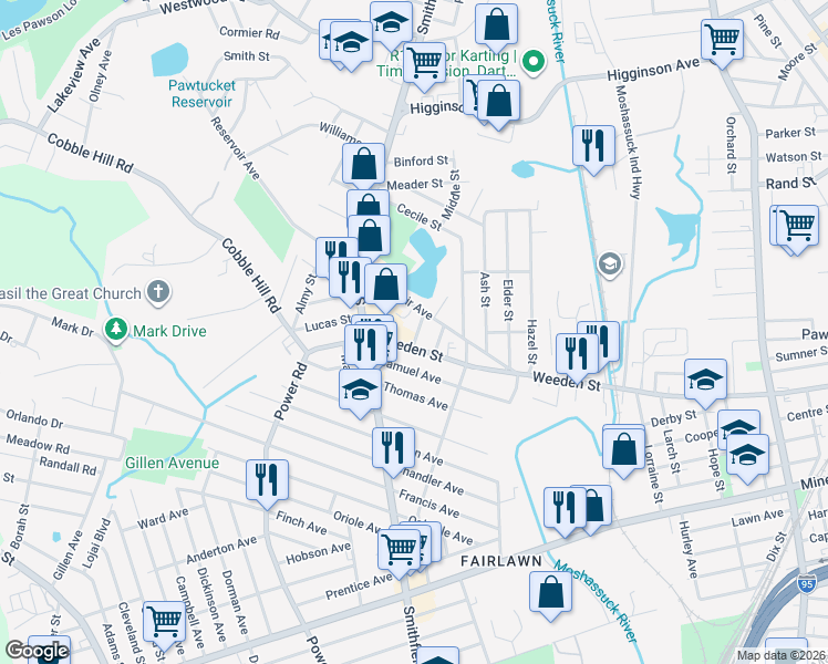 map of restaurants, bars, coffee shops, grocery stores, and more near 725 Weeden Street in Pawtucket