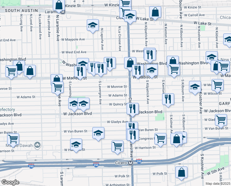 map of restaurants, bars, coffee shops, grocery stores, and more near 4850 West Adams Street in Chicago
