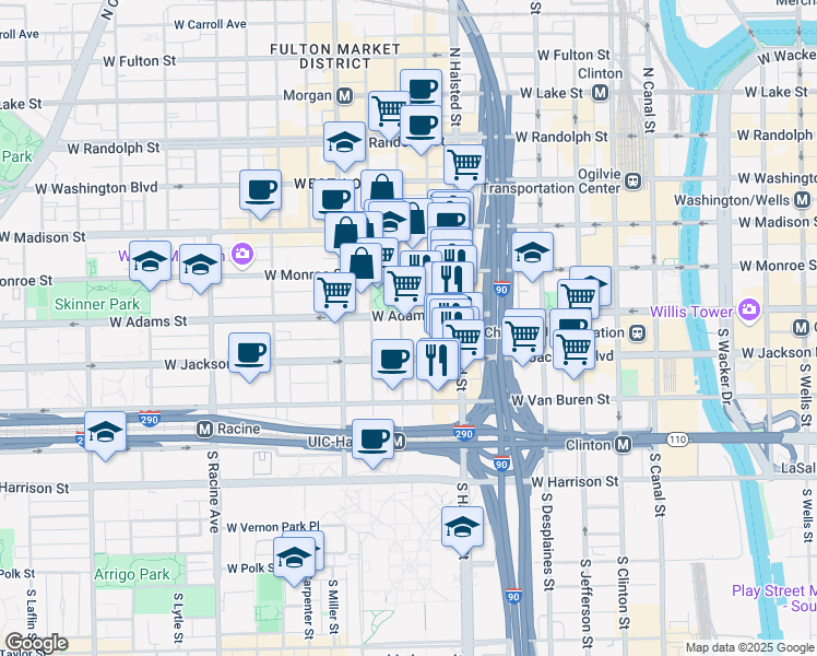 map of restaurants, bars, coffee shops, grocery stores, and more near 221 South Peoria Street in Chicago