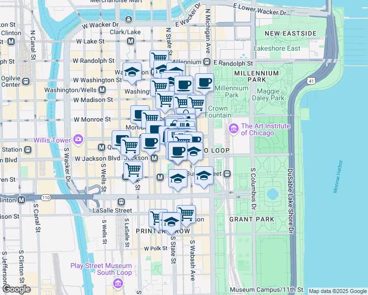 map of restaurants, bars, coffee shops, grocery stores, and more near 14 East Jackson Boulevard in Chicago