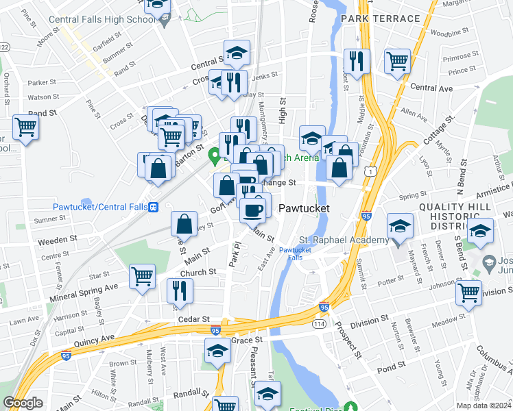 map of restaurants, bars, coffee shops, grocery stores, and more near 28 Summer Street in Pawtucket