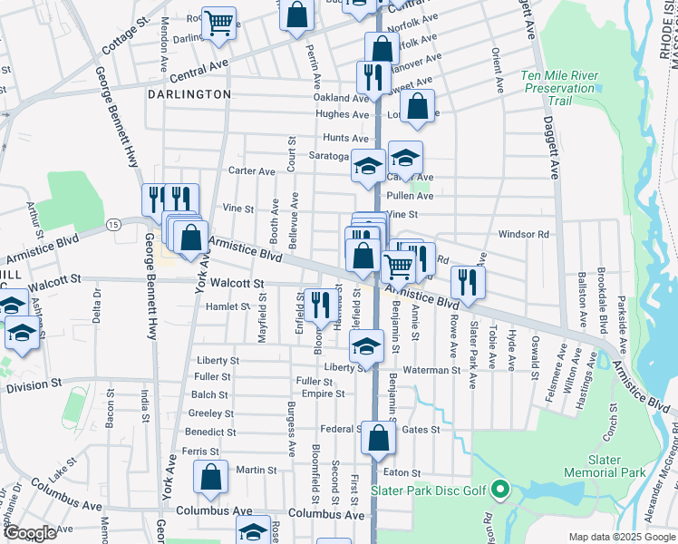 map of restaurants, bars, coffee shops, grocery stores, and more near Armistice Boulevard in Pawtucket