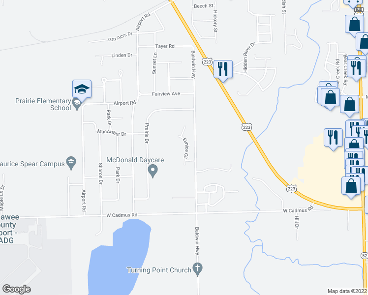 map of restaurants, bars, coffee shops, grocery stores, and more near 2830 Eunice Circle in Adrian