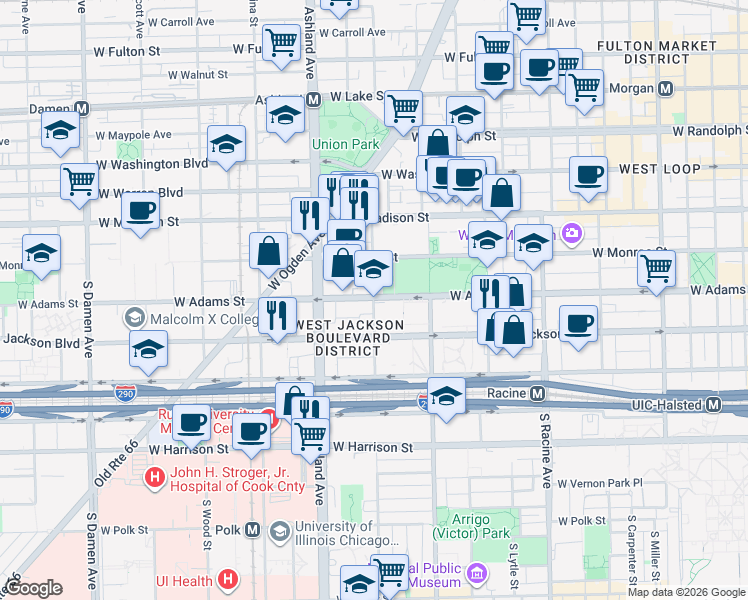 map of restaurants, bars, coffee shops, grocery stores, and more near 200 South Laflin Street in Chicago