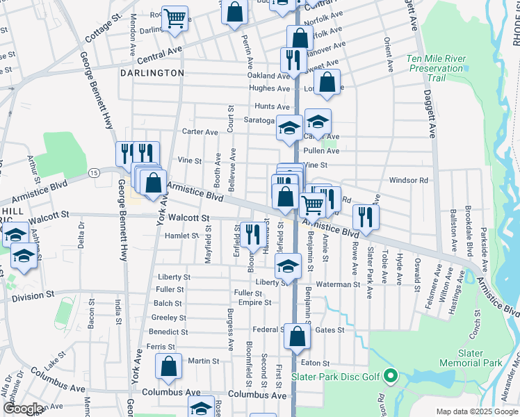 map of restaurants, bars, coffee shops, grocery stores, and more near Armistice Boulevard in Pawtucket