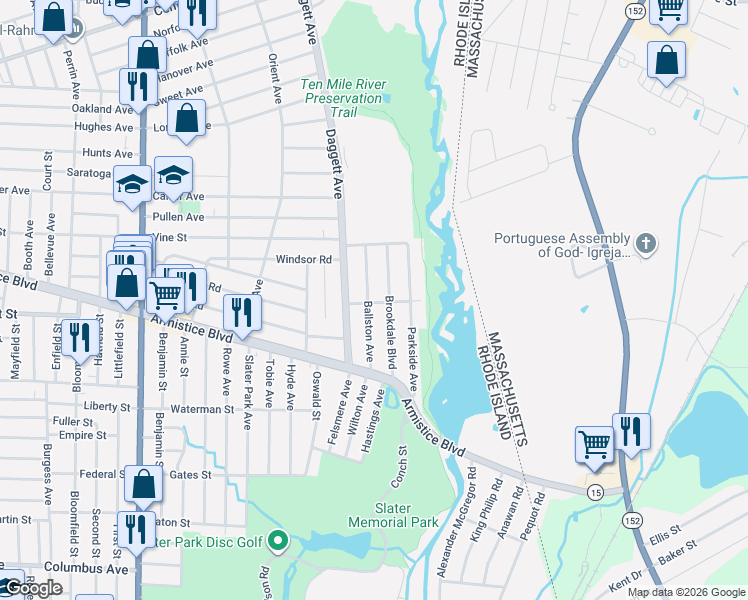 map of restaurants, bars, coffee shops, grocery stores, and more near 81 Ballston Avenue in Pawtucket
